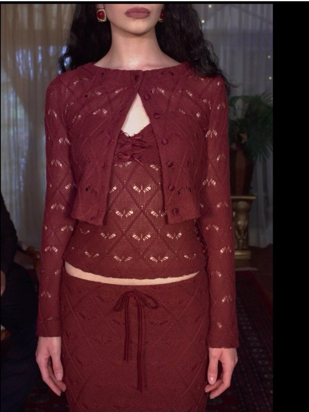 Heart Of Sun Two-Piece Matching Set Cardigan Tank Top Rose Knit Size M Burgundy